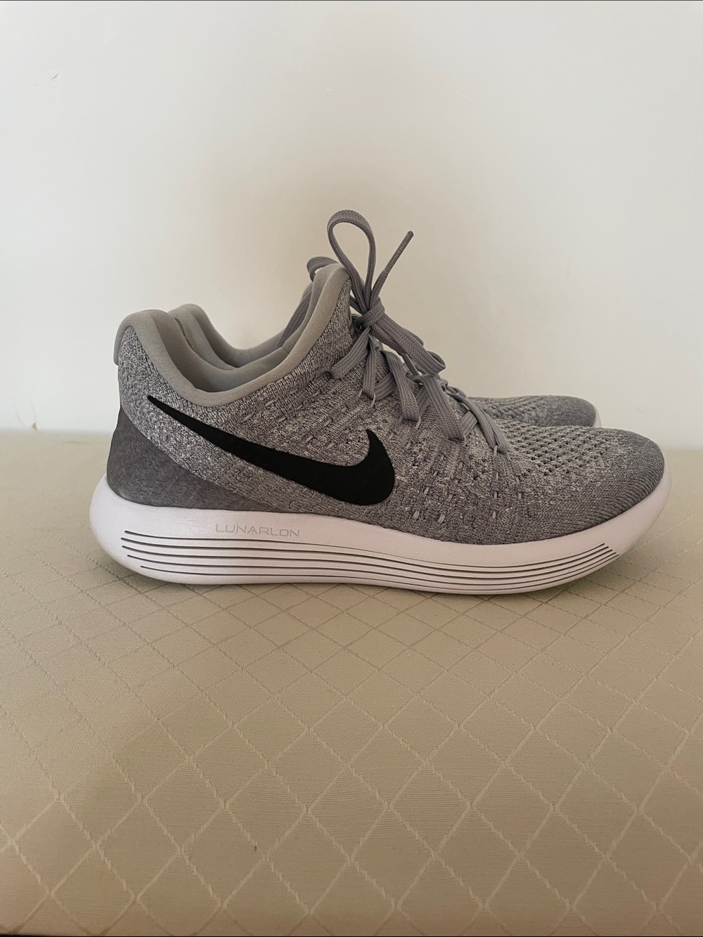 Nike Women’s Gray Knit Lunar Running Shoes with Black Swoosh